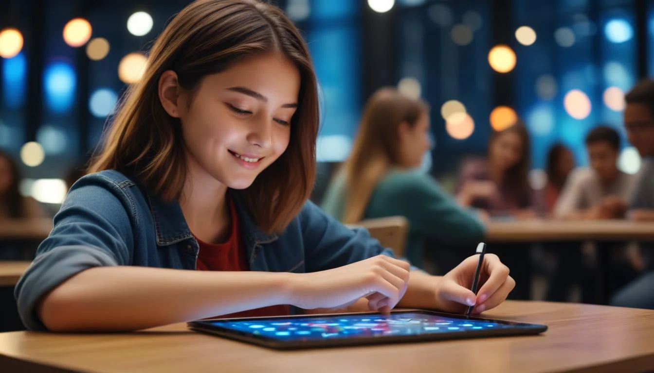 A student happily interacting with an AI-powered learning platform on a tablet, showing personalized content.