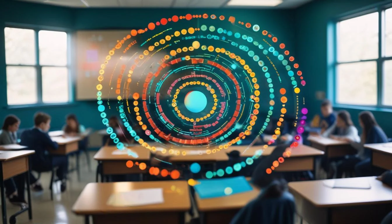 A graphic showing overlapping circles representing data privacy, bias, over-reliance, and equitable access, all impacting an AI system in a classroom.