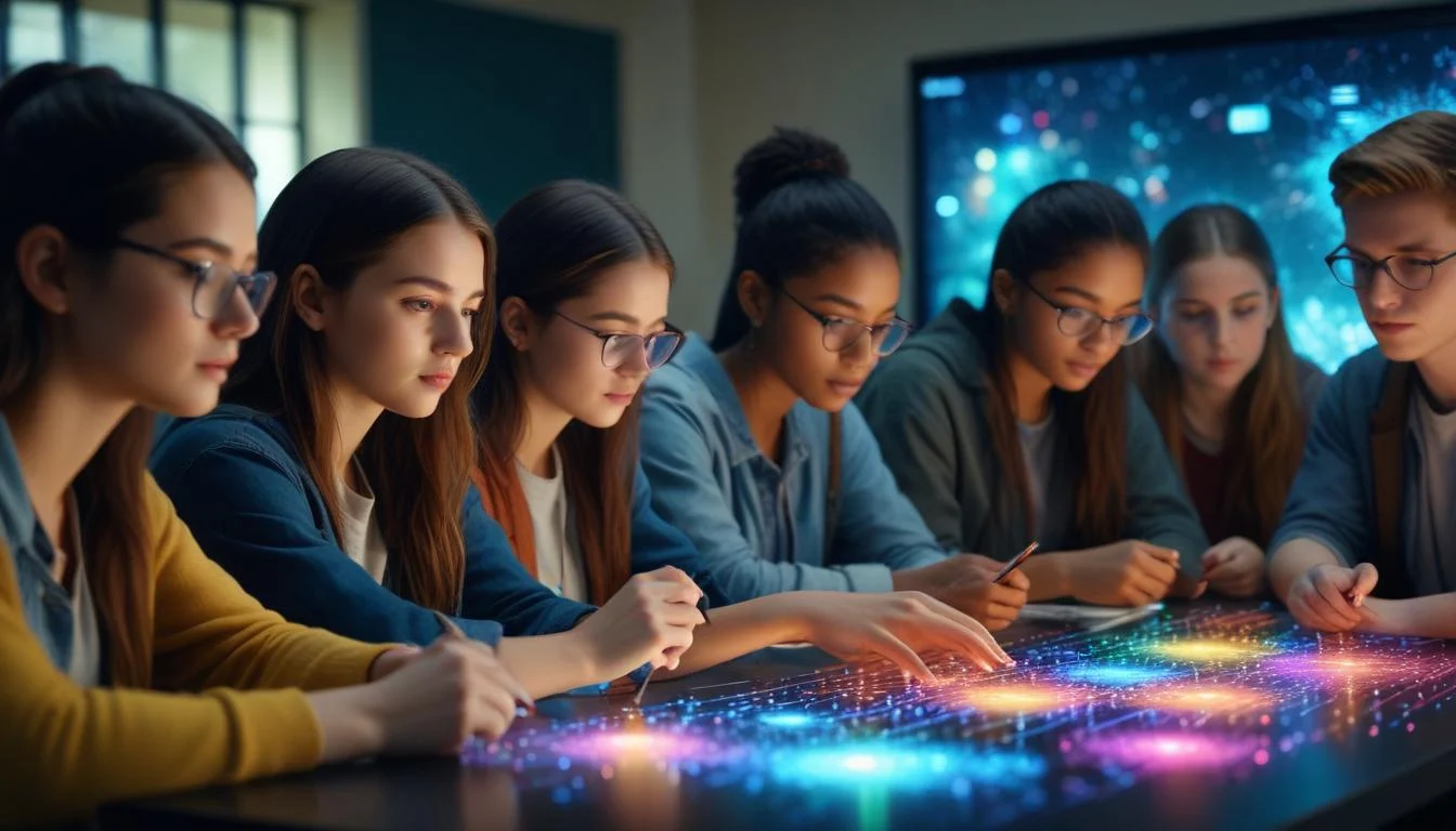 A diverse group of students collaboratively working on a project with an AI-powered virtual assistant.