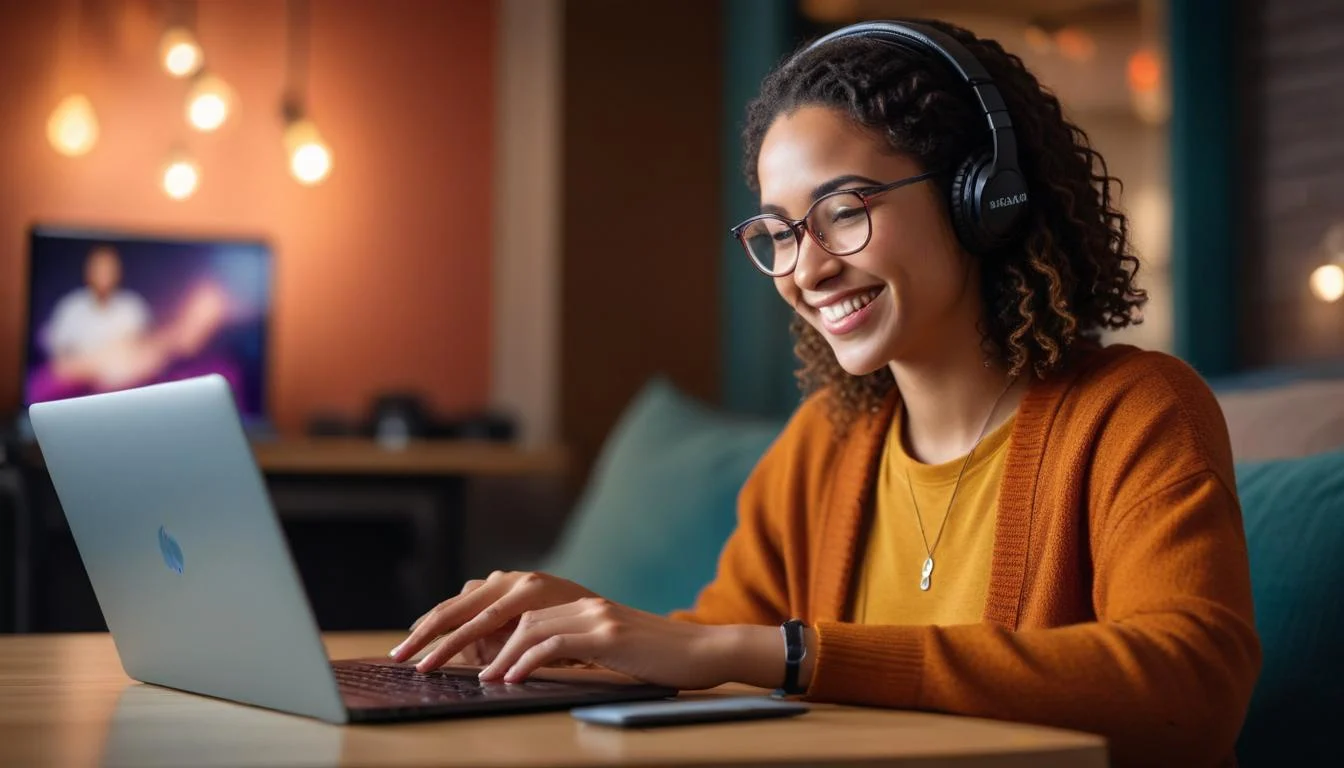 A person smiling while using WellSaid Labs on a laptop to create a podcast.