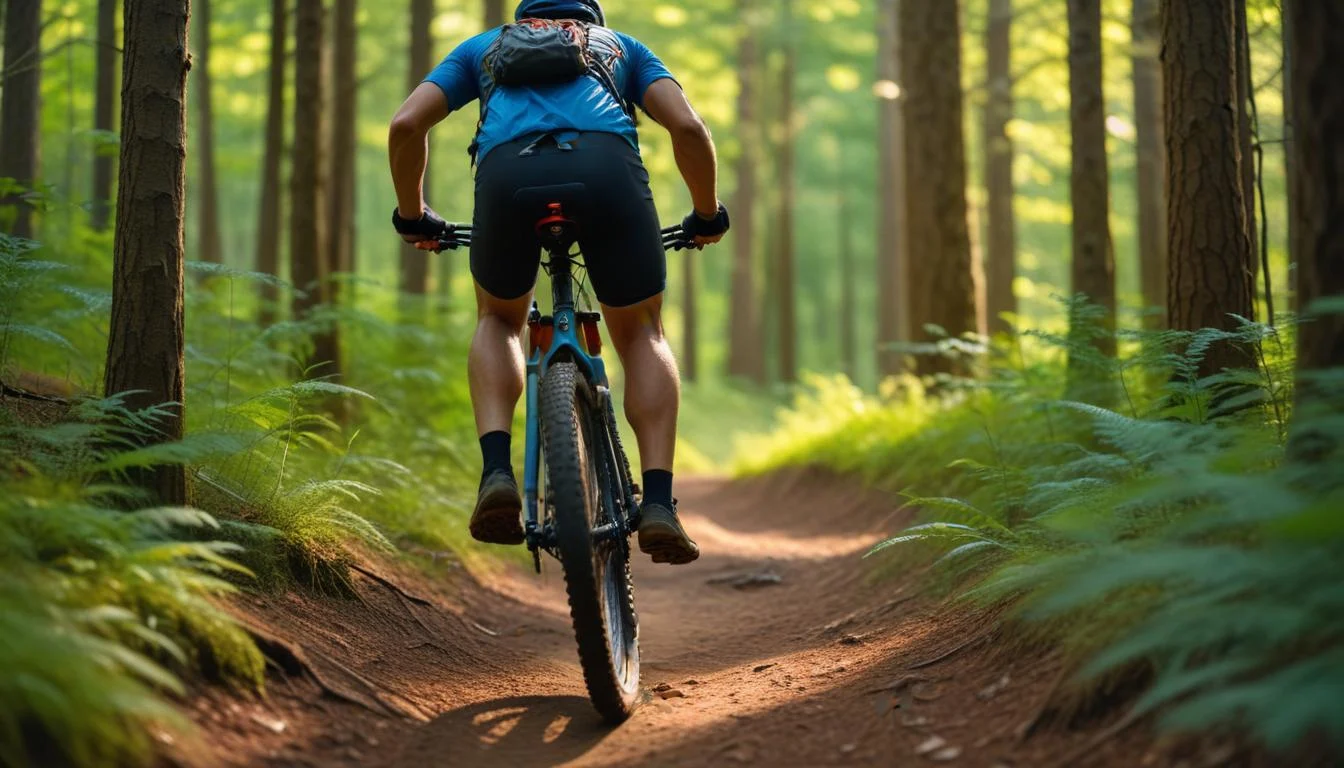A cyclist riding a used mountain bike on a forest trail, showcasing the affordability and enjoyment of used bikes.