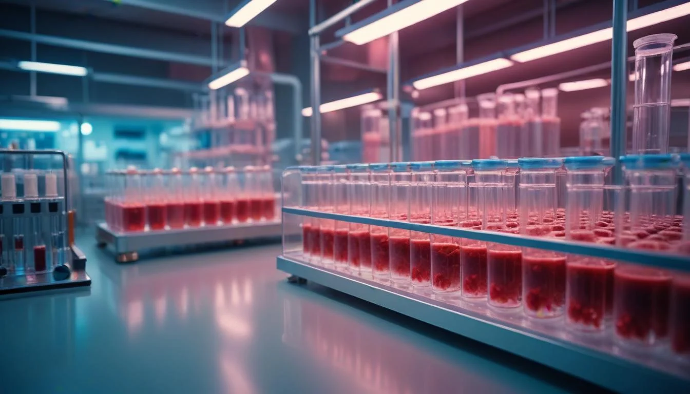 A sterile laboratory environment with bioreactors containing lab-grown meat.