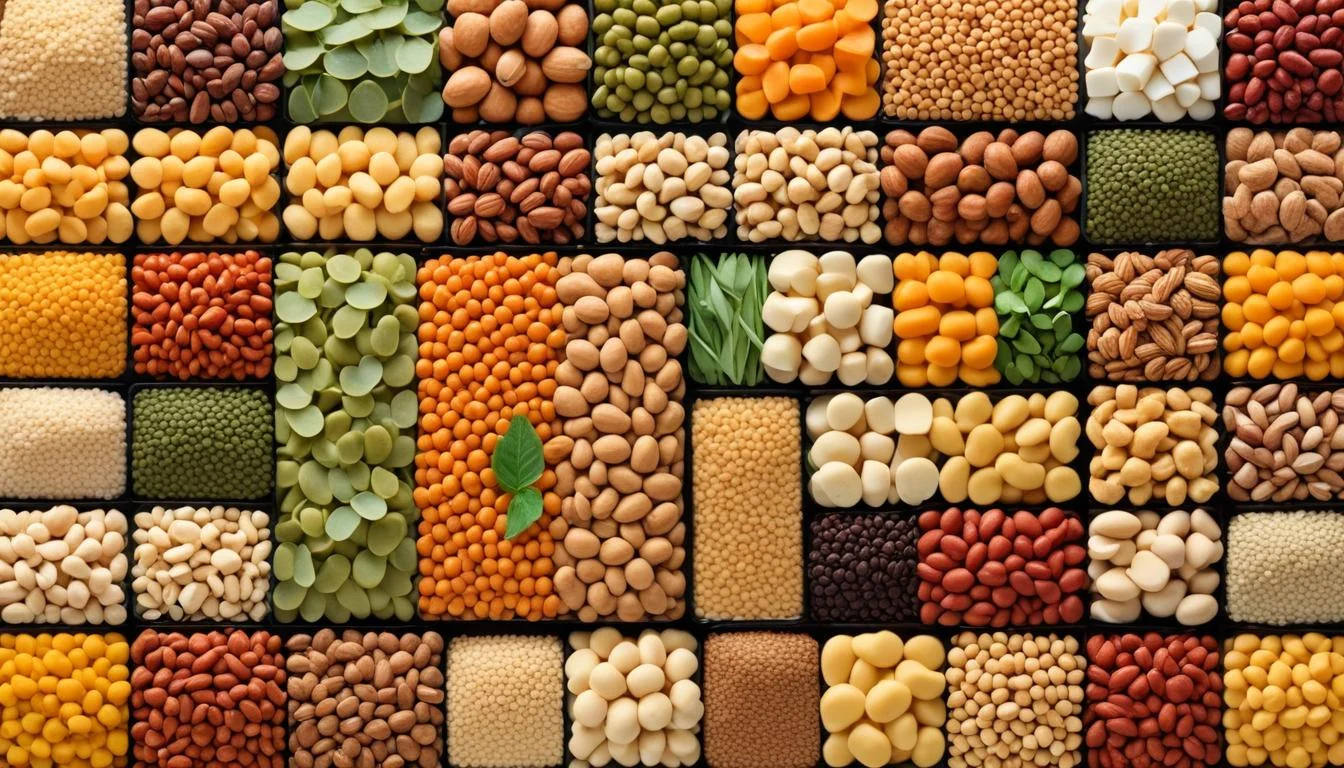 Collage of various plant-based protein sources such as lentils, nuts, tofu, and seeds.