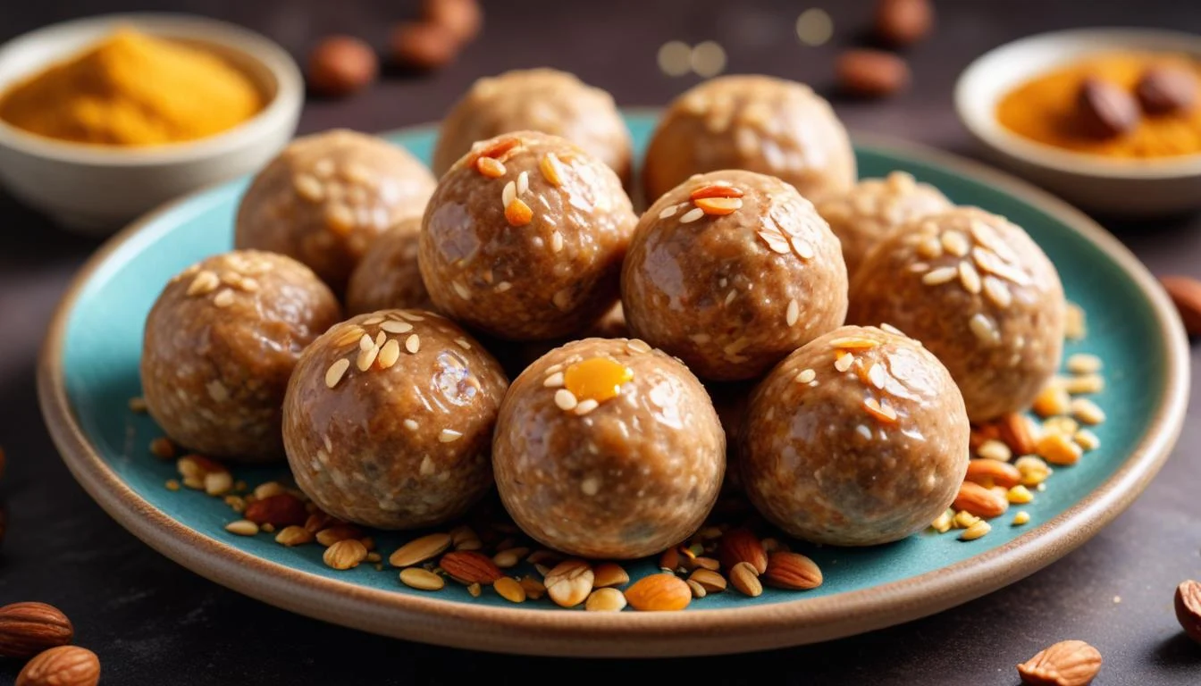 Close-up shot of homemade protein balls on a plate, with visible ingredients like dates, nuts, and seeds.
