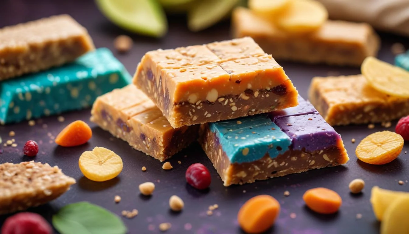 Selection of plant-based protein bars and chips.