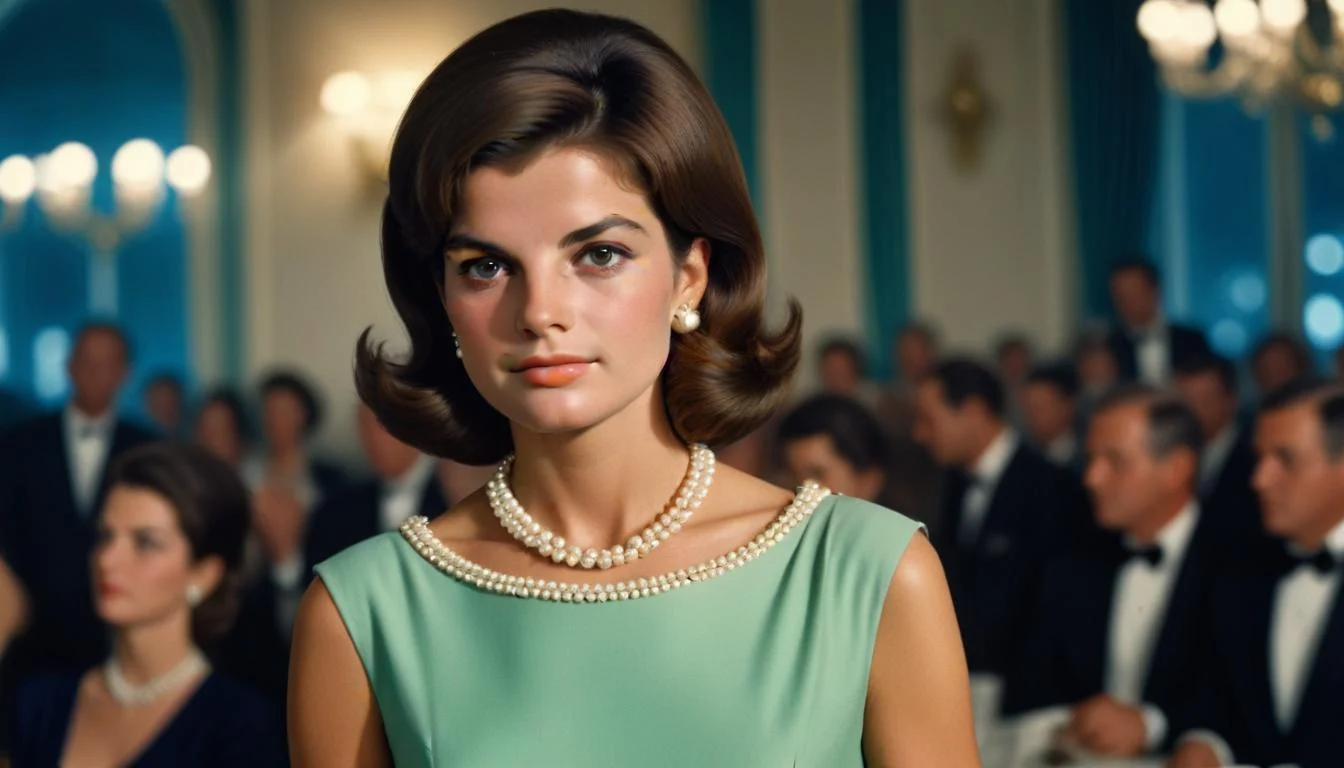 Jacqueline Kennedy Onassis in a simple, elegant dress and pearls.