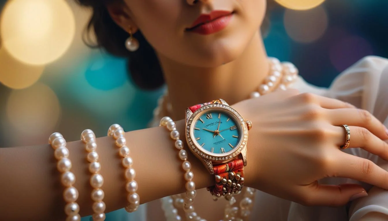 A woman wearing a simple string of pearls and a classic watch.