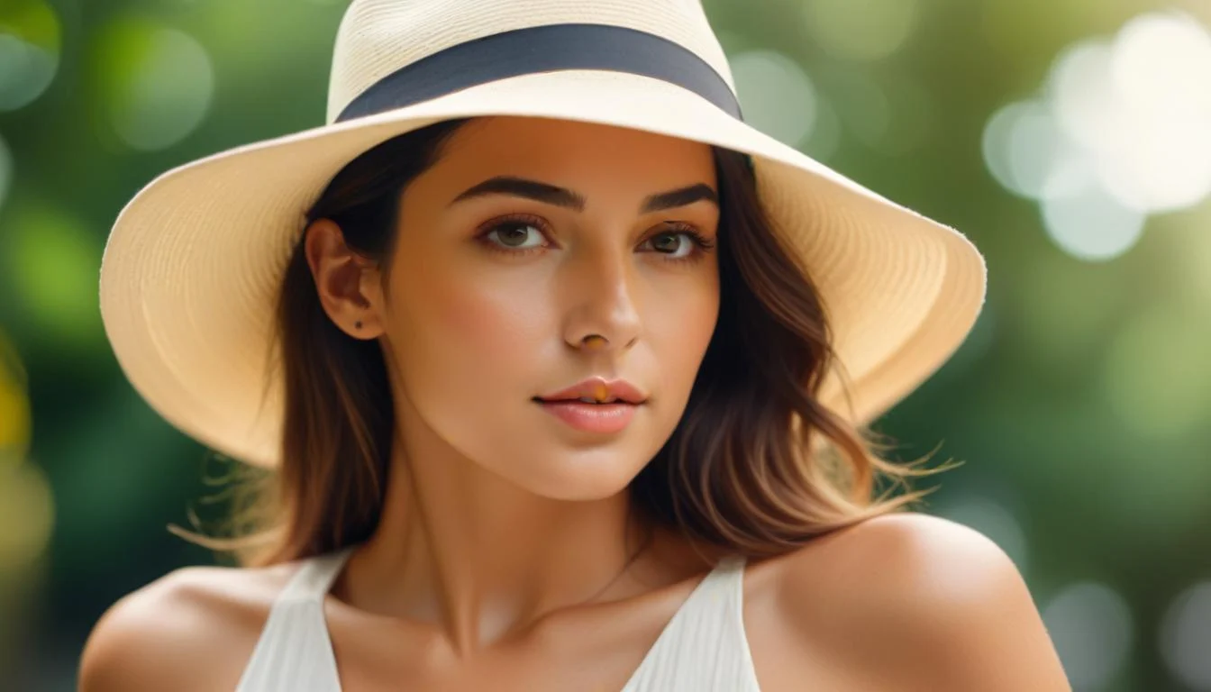 A woman wearing a Panama hat and a simple white dress, exuding effortless summer style.