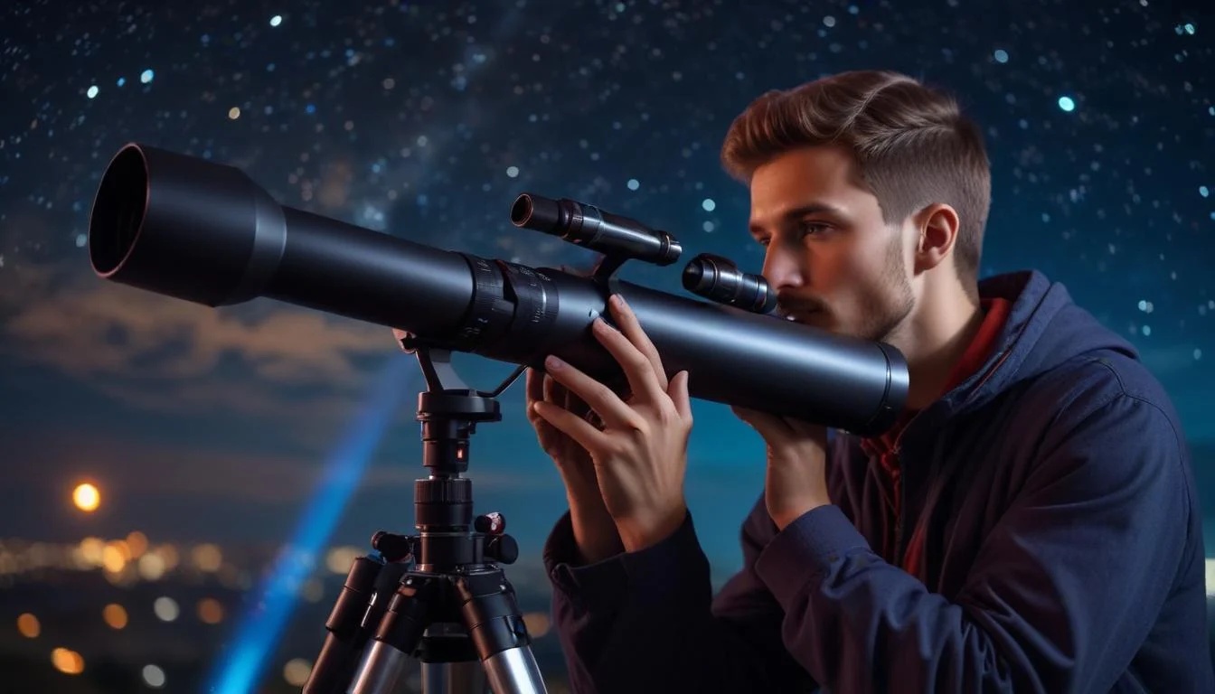 A photographer using a telescope with camera attached to take pictures of the night sky.