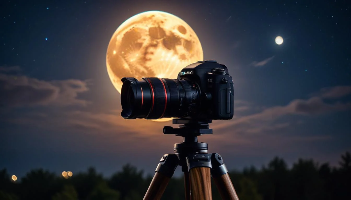 A camera mounted on a sturdy tripod, pointed towards the night sky with a supermoon visible in the viewfinder.