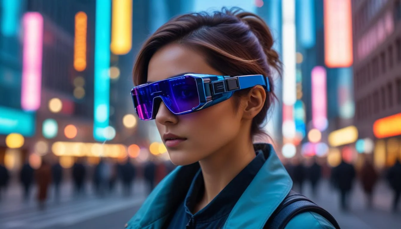 Person wearing sleek, futuristic augmented reality glasses in a city environment, showcasing overlaid information on buildings and streets.