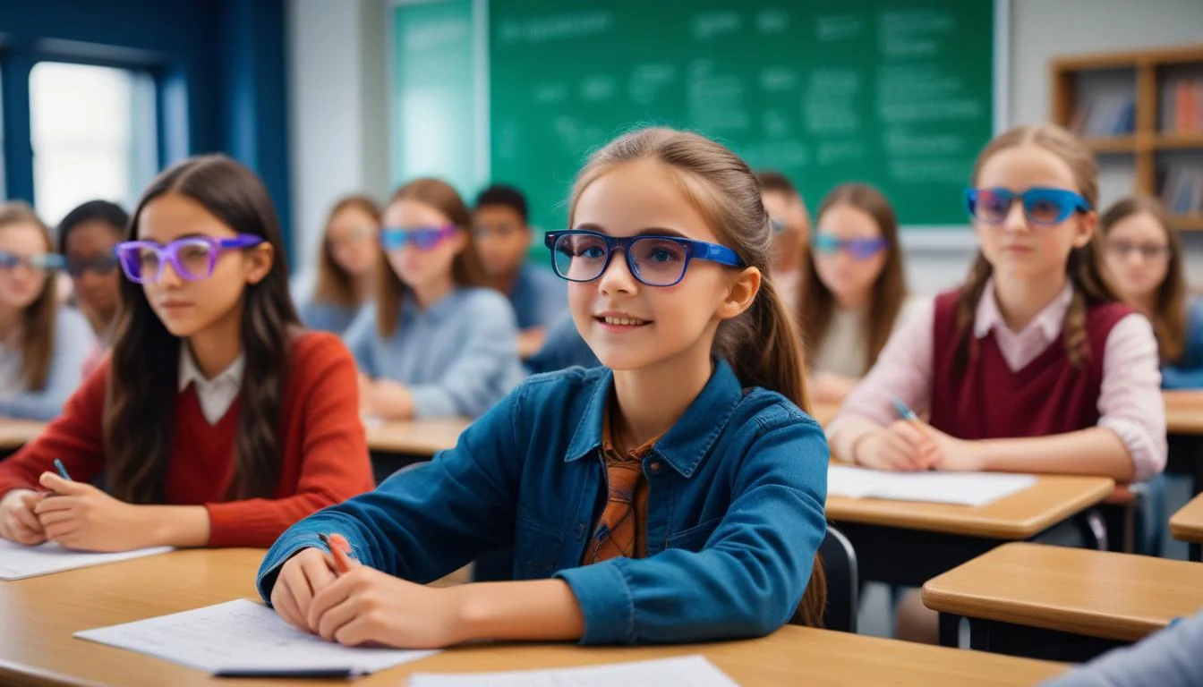 AR glasses being used in a classroom setting, showing students engaged in an interactive learning experience.