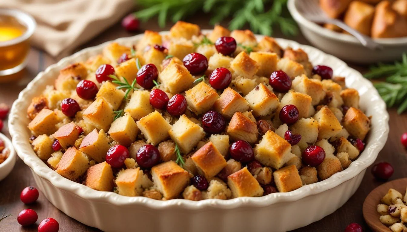 A beautifully plated Thanksgiving stuffing with visible cranberries and herbs