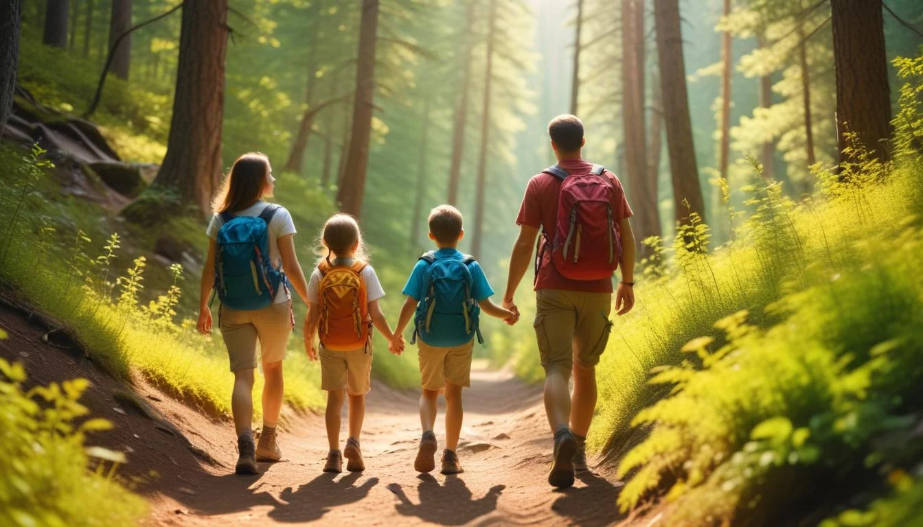 A family hiking on a sunny trail, kids pointing at something interesting in the distance.