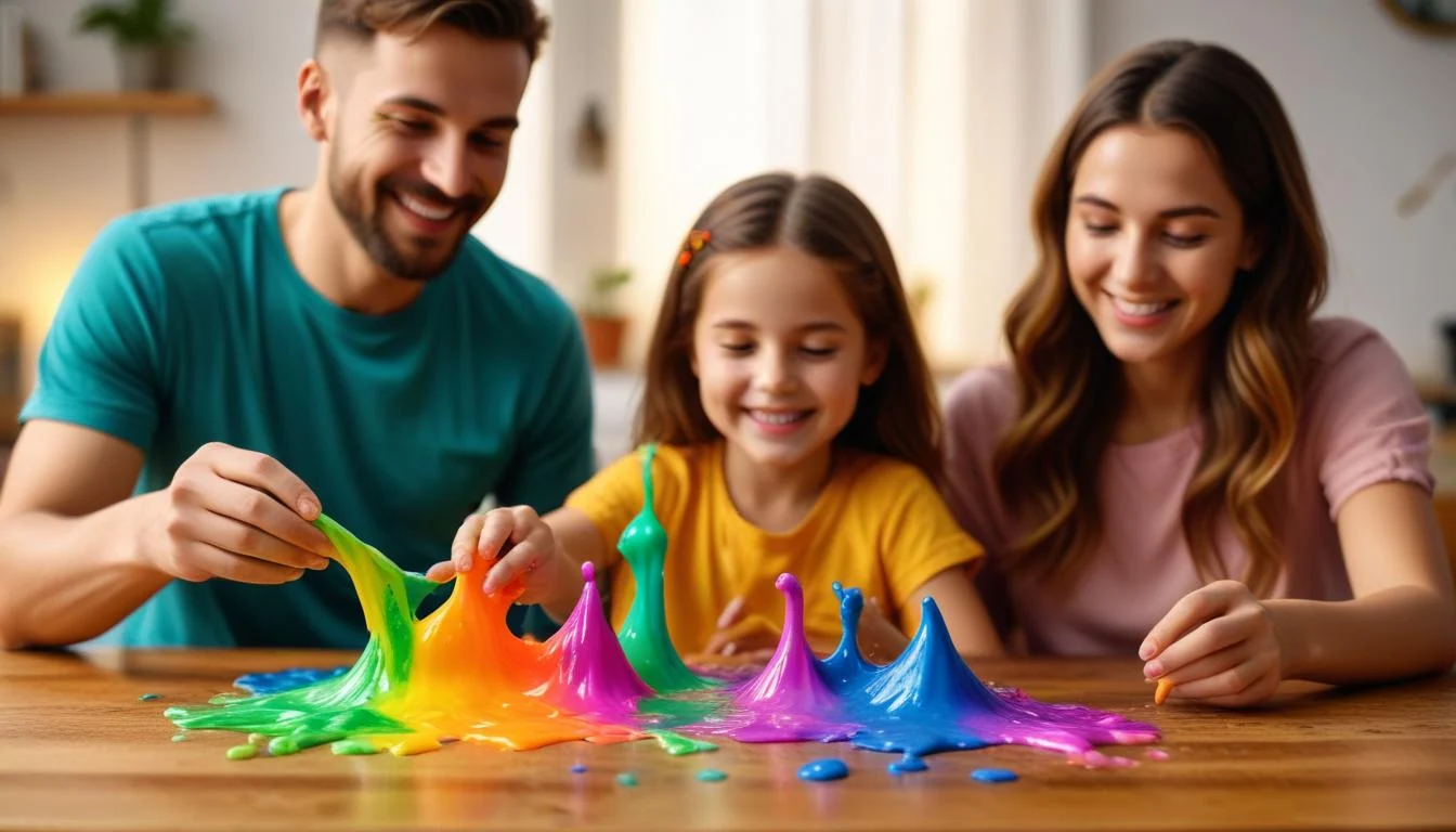 A family smiling and playing with colorful homemade slime on a table.