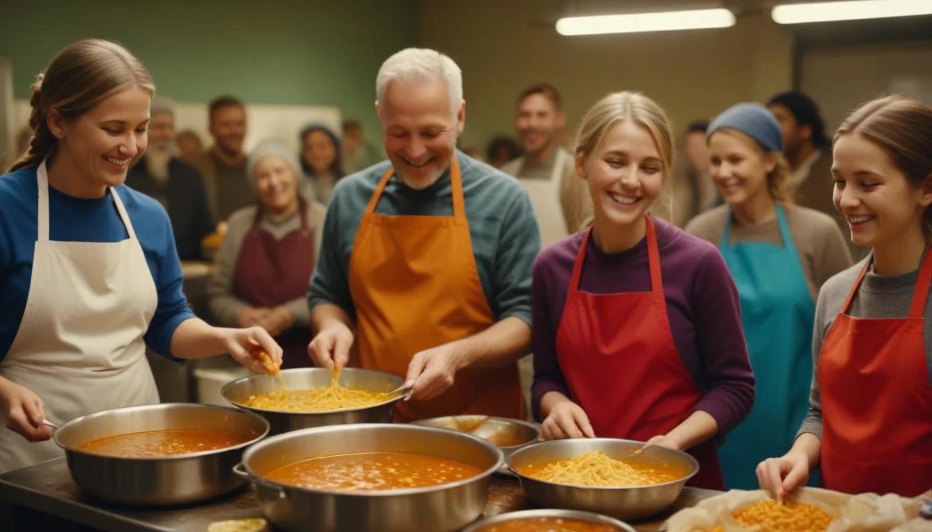 A family smiles and volunteers at a local soup kitchen, serving food to people in need.