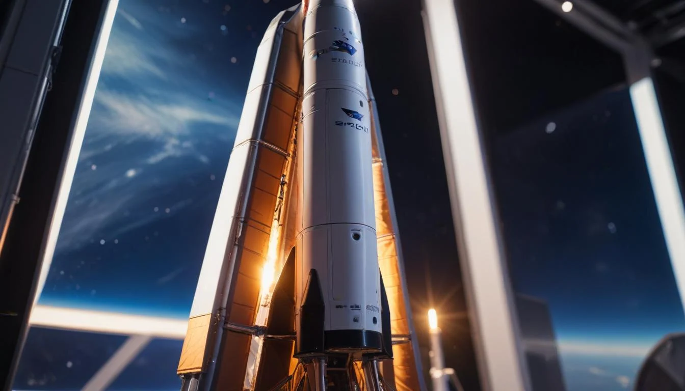 Close-up of a SpaceX Falcon 9 model rocket on display, showcasing its detailed design.