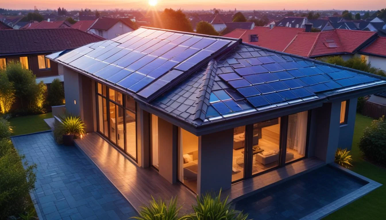 A modern house with sleek solar roof tiles seamlessly integrated into the roof design, highlighting the aesthetic appeal.