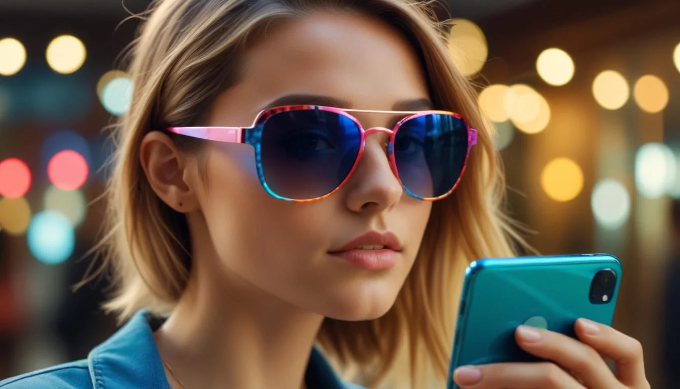A woman uses a smartphone to virtually try on a pair of sunglasses, seeing the digital glasses perfectly overlaid on her face in real-time.