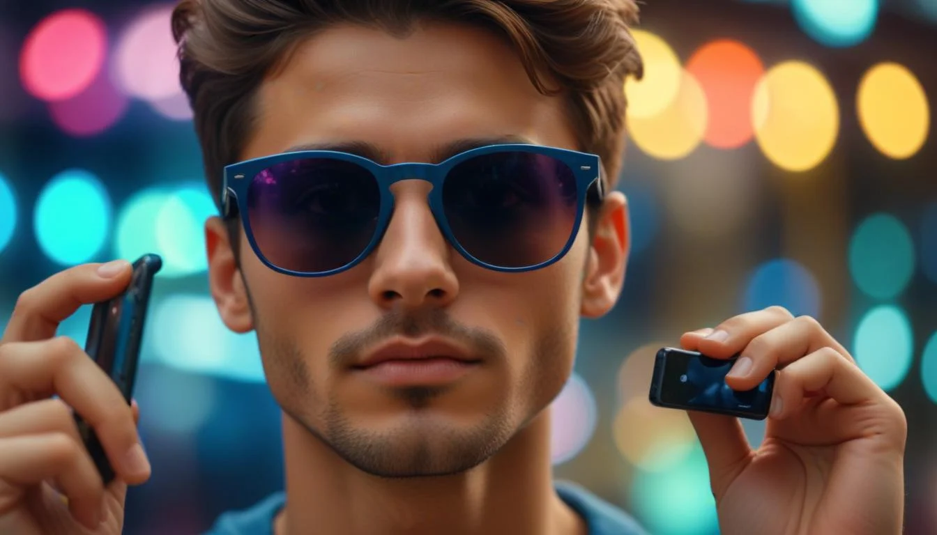 A person using a smartphone to virtually try on a pair of sunglasses, with the digital overlay appearing seamlessly on their face in real-time.