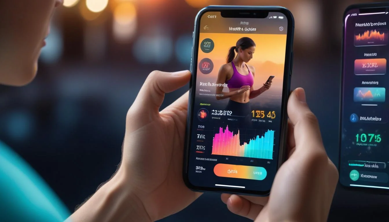 A person using a smartphone with an AI health coach app interface showing personalized fitness and nutrition plans, surrounded by graphics representing data analysis from wearables and progress tracking.