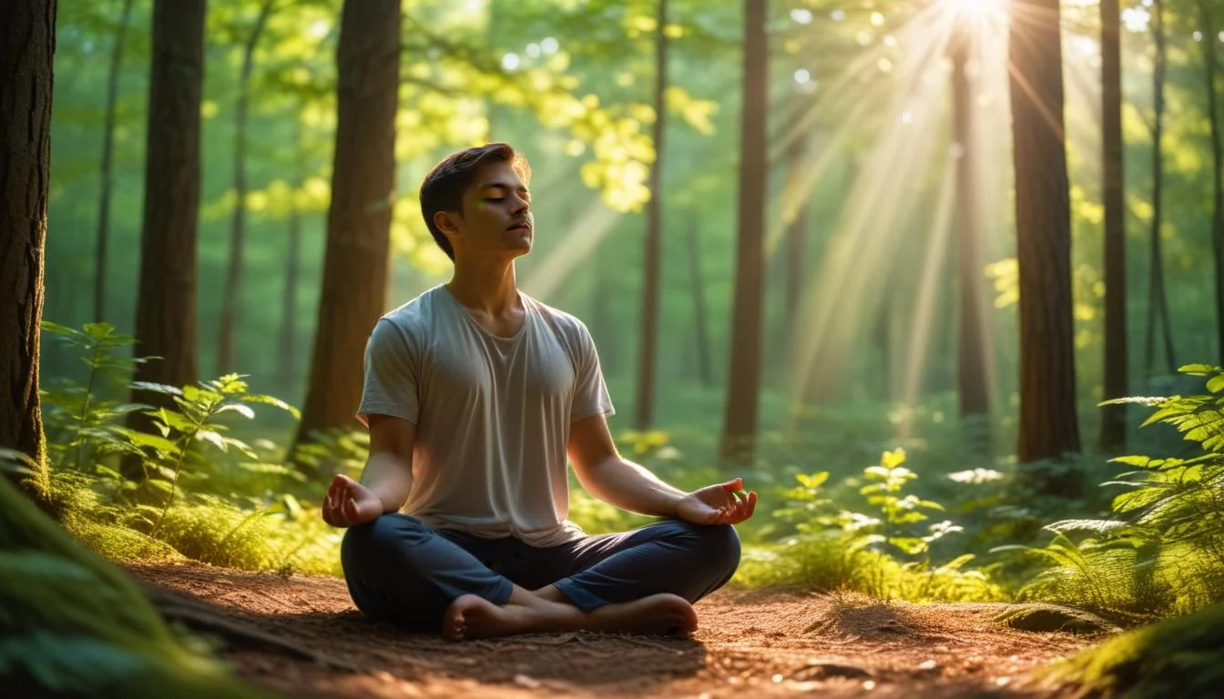 A person meditating in a peaceful forest setting with sunlight filtering through trees