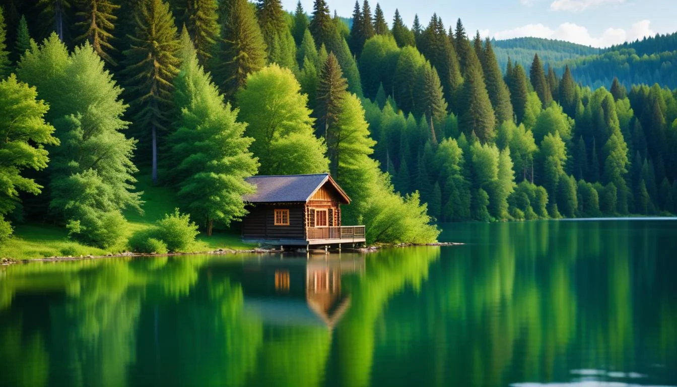 A serene lake surrounded by lush green trees, with a small cabin visible on the shore, suggesting a peaceful retreat setting.