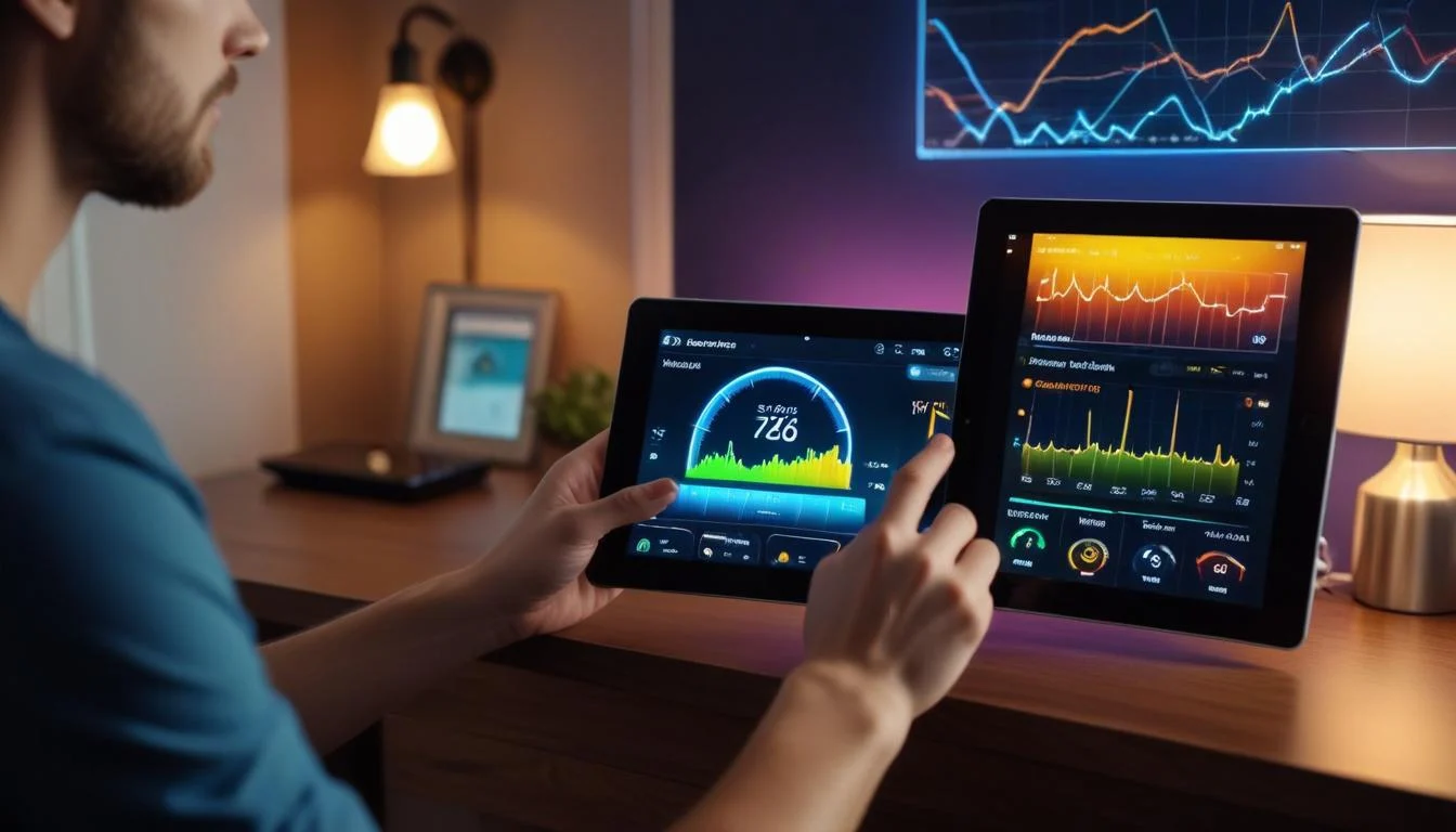 A person interacting with a tablet displaying a smart home energy dashboard, showing graphs of electricity usage and device control options.