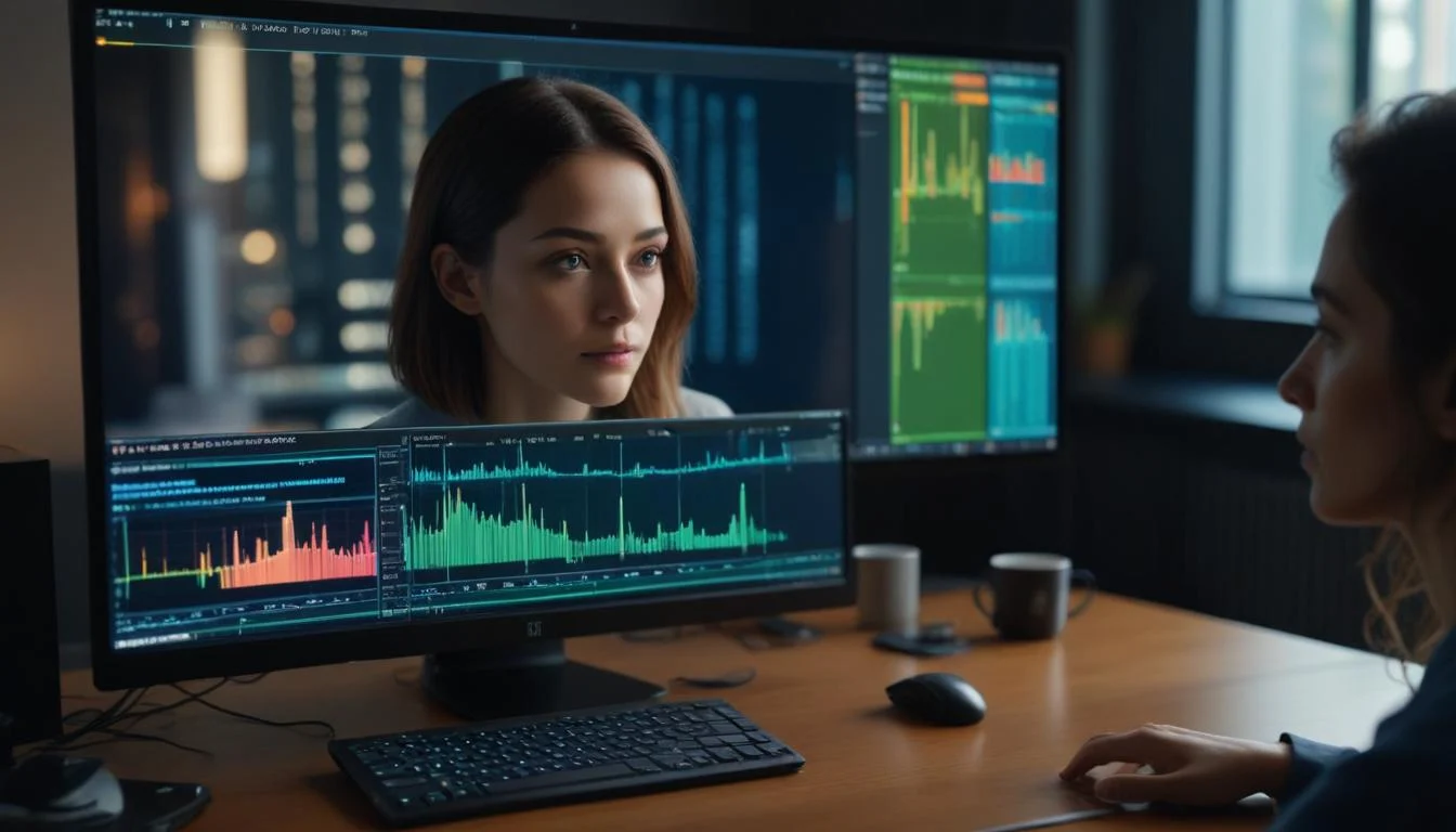 A person practicing an interview in front of a computer, with AI analysis overlays on the screen showing metrics for speech, eye contact, and content.