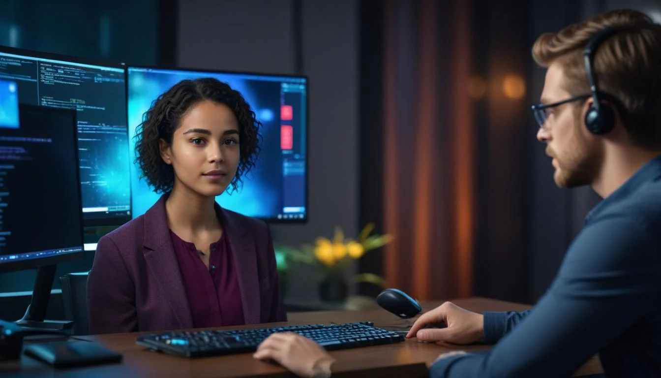A person practicing an interview in front of a computer screen, with AI feedback overlayed.