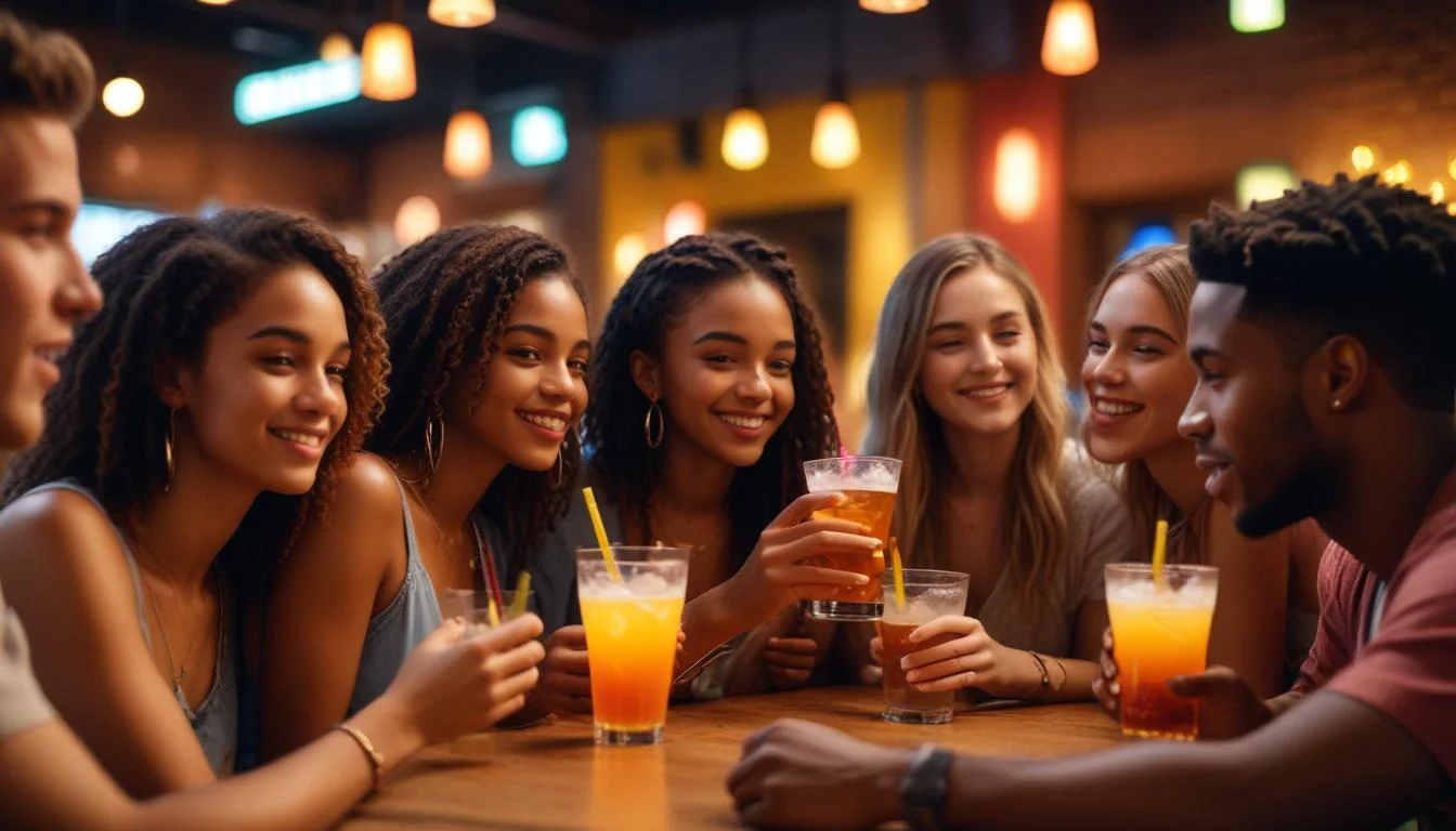 A diverse group of young adults enjoying non-alcoholic beverages in a vibrant social setting.