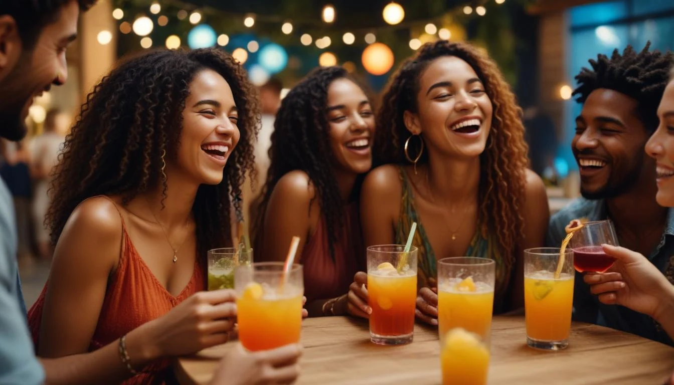 A group of diverse friends laughing and enjoying non-alcoholic drinks at a vibrant social gathering.