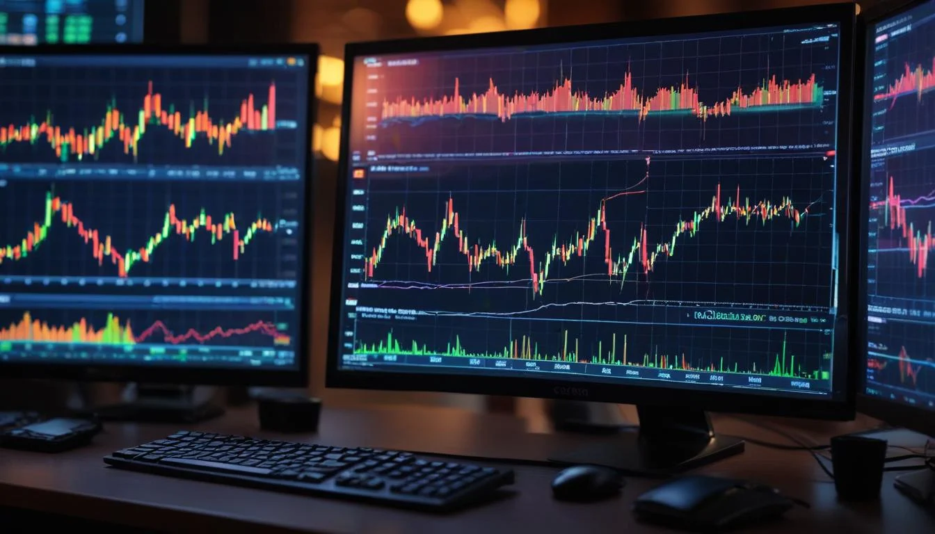 A simplified diagram showing a computer screen displaying stock charts and data, with arrows indicating automated trading decisions being made and executed rapidly.
