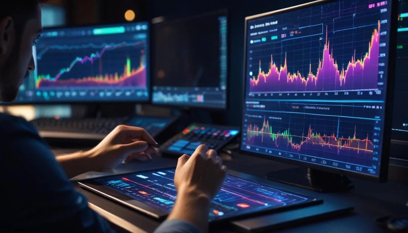 A person viewing a dashboard with charts and graphs, representing AI trading bot performance and market data.