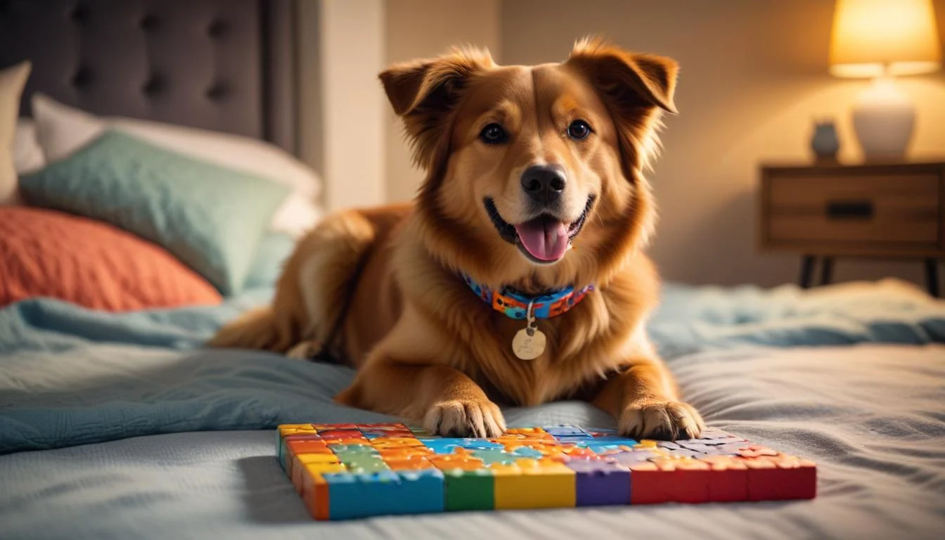 A happy dog wearing a calming collar, sitting comfortably in a soft, padded bed with a puzzle toy nearby.