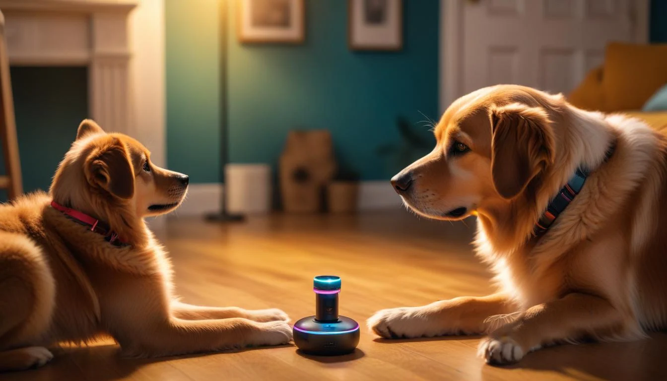 A person interacting with their dog through a smart pet camera, showing two-way audio and treat dispensing features.