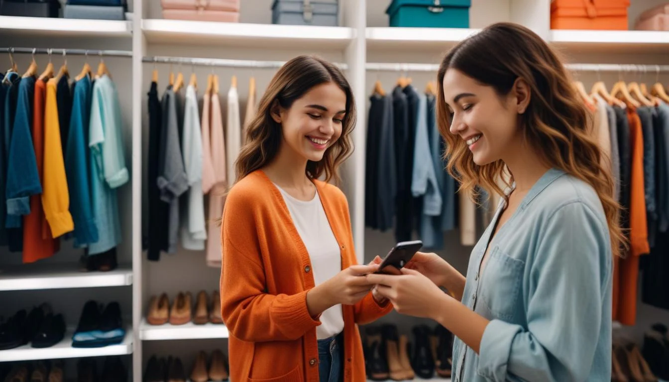 A person smiling while effortlessly selecting an outfit on their phone using a digital wardrobe organizer app, with a neat physical closet in the background.