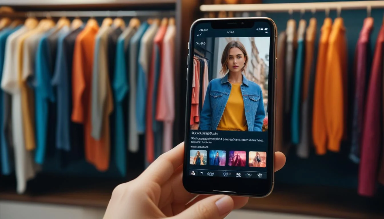 A smartphone screen displaying a digital wardrobe app interface with organized clothing items and outfit suggestions.
