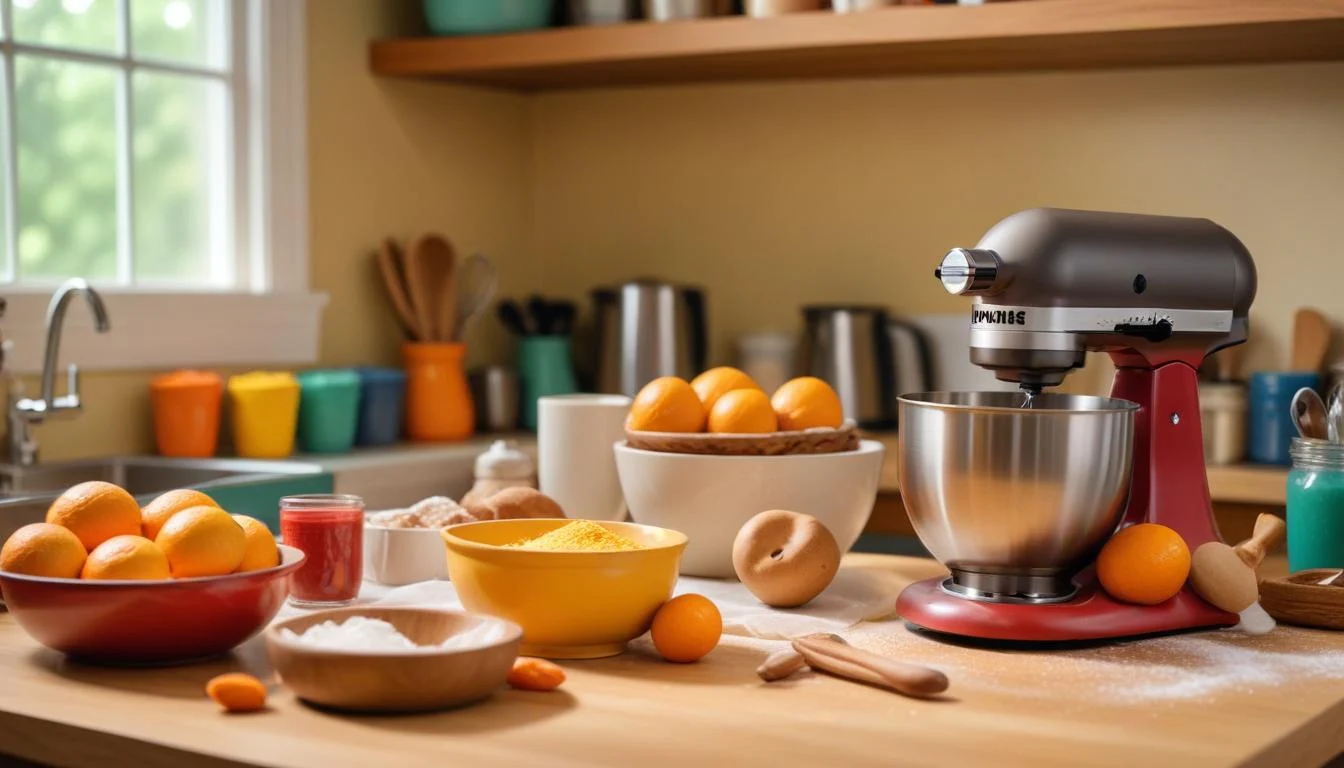 A clean kitchen counter displaying essential baking tools such as mixing bowls, a stand mixer, measuring cups, and a baking sheet ready for making Pan de Muerto.