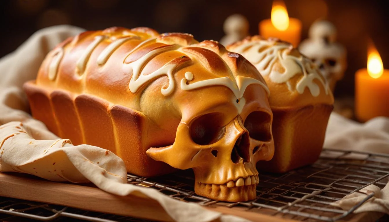 A freshly baked Pan de Muerto loaf, golden brown, with decorative bone shapes and a central 'skull' ball, resting on a cooling rack.