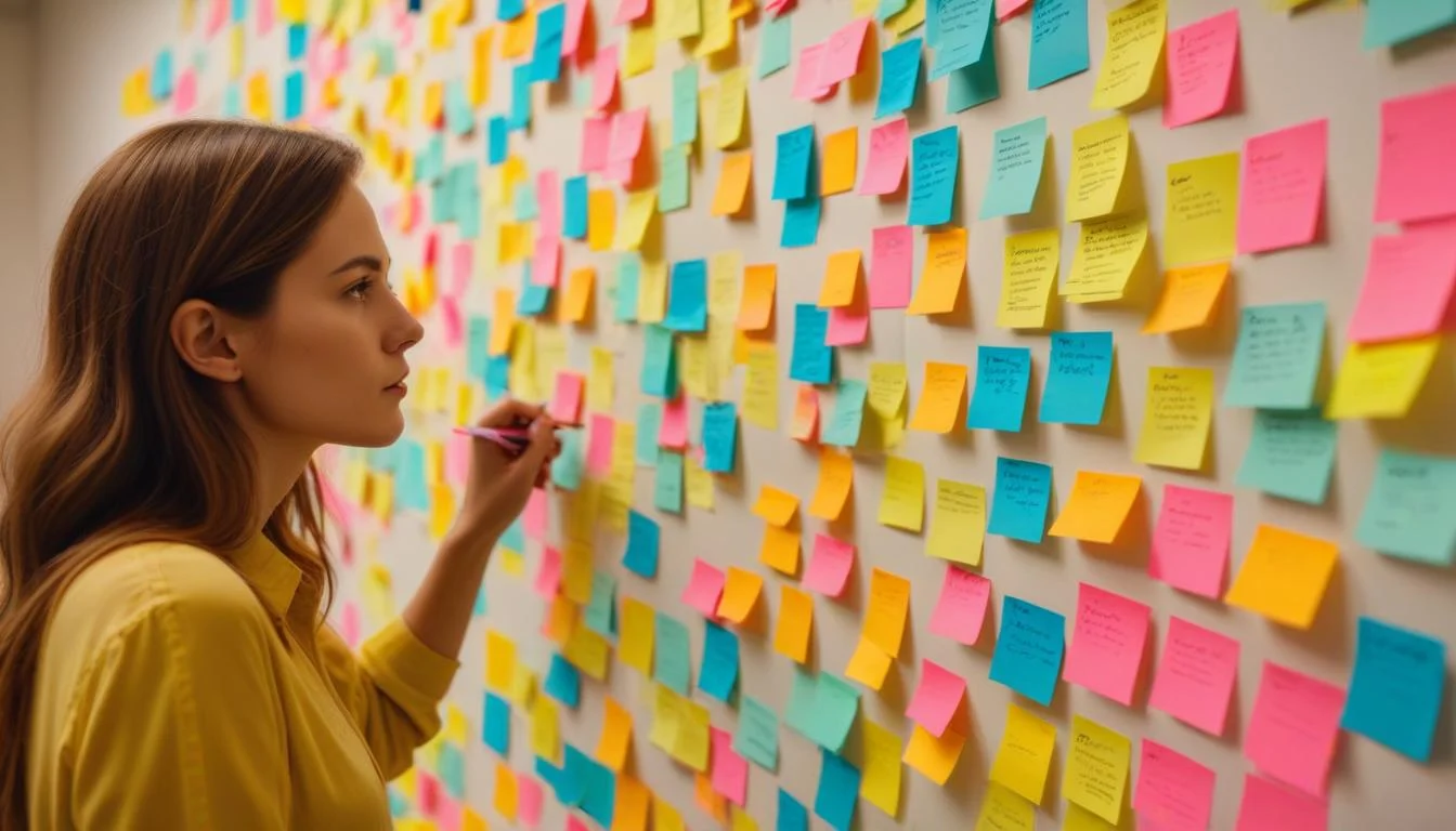 People silently grouping sticky notes on a large whiteboard, forming clusters of related ideas.
