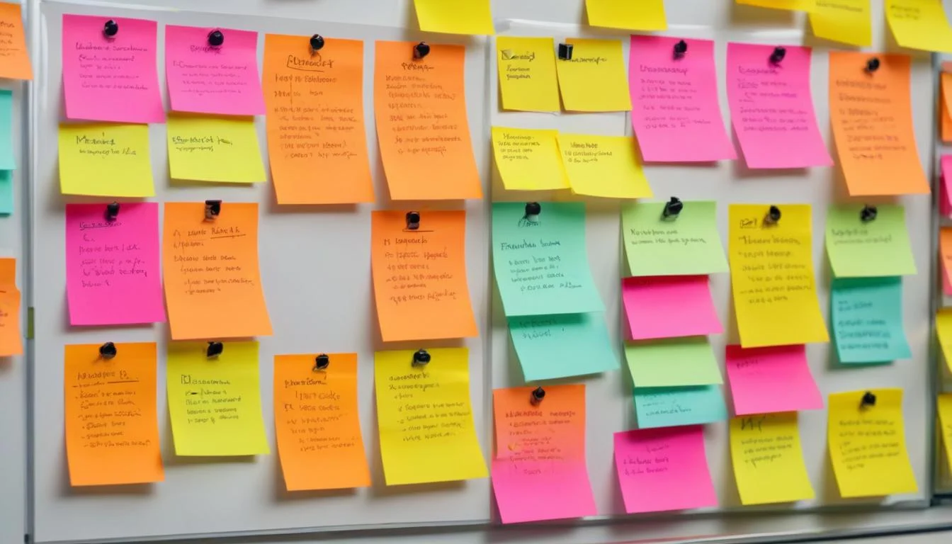 A visual representation of an Affinity Diagram, showing sticky notes grouped into categories with clear header labels on a whiteboard.
