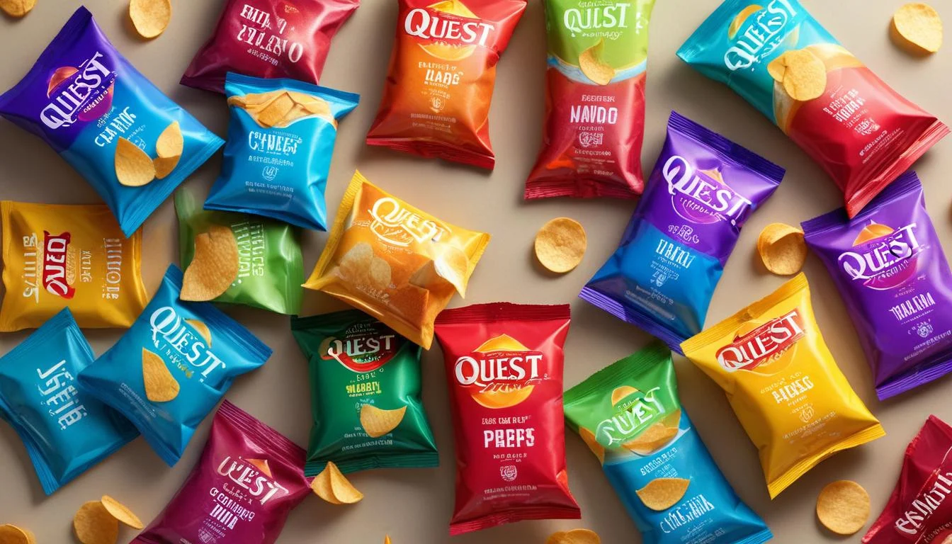 A selection of Quest Chips bags in various flavors arranged artfully on a light background.