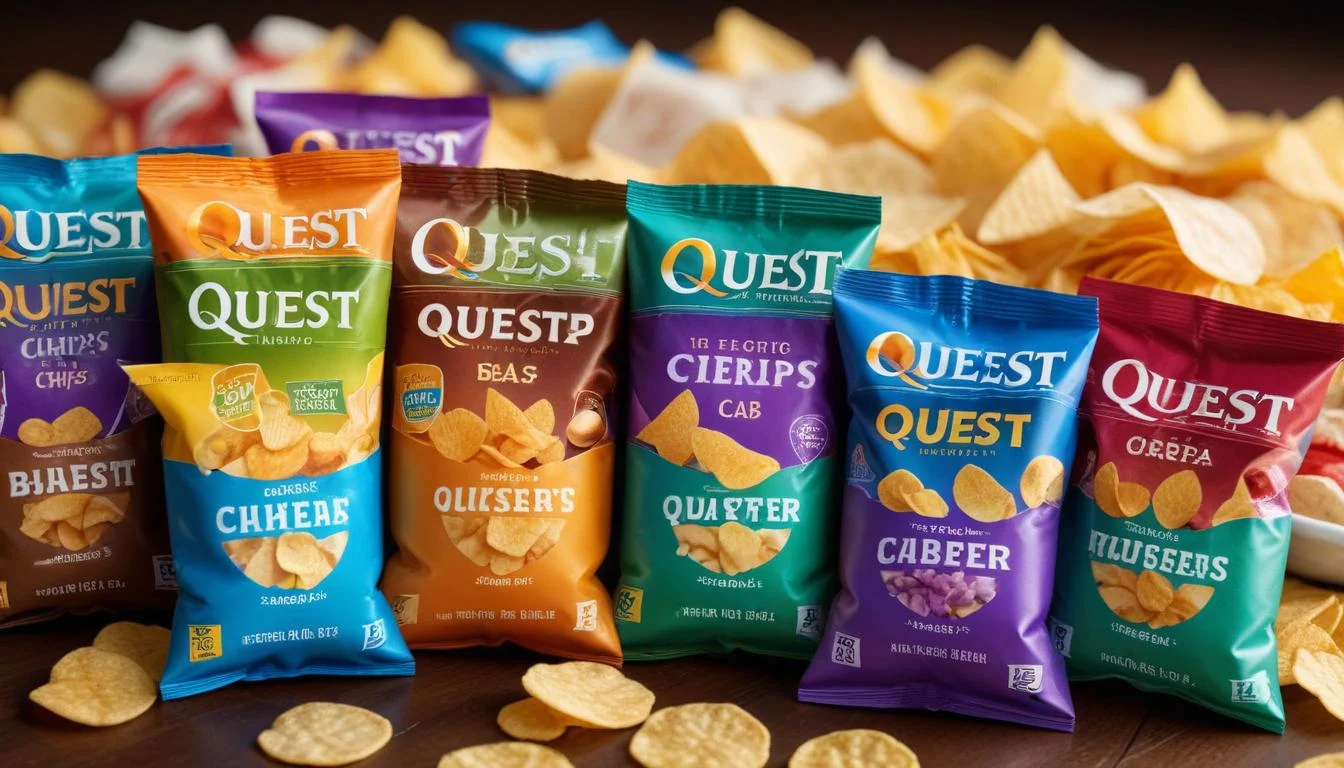 A variety of Quest Chips bags, showing different flavors and their high protein, low carb nutritional information.