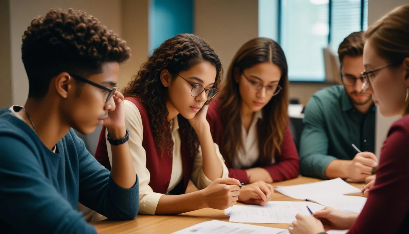 A diverse group of people from students to seasoned professionals, engaged in thoughtful discussions or reviewing career-related documents, symbolizing the wide range of individuals who benefit from career counseling.