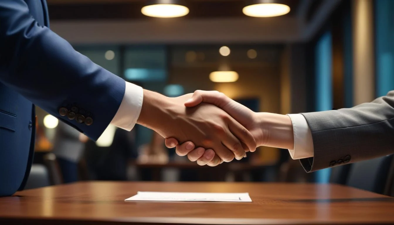 A person in professional attire shaking hands with another person across a table, symbolizing career networking and professional connections.
