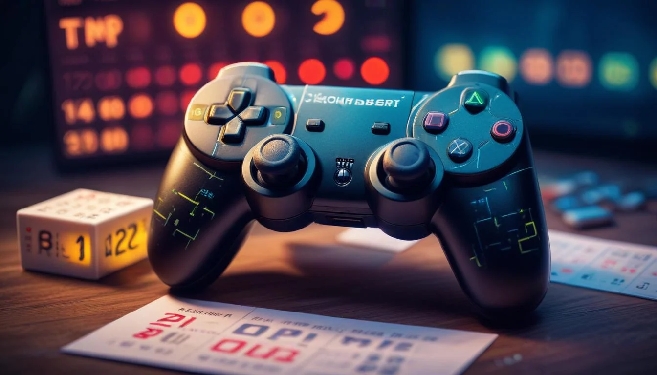 A stylized image of a game controller with a calendar overlay, indicating a future date for a major game release.