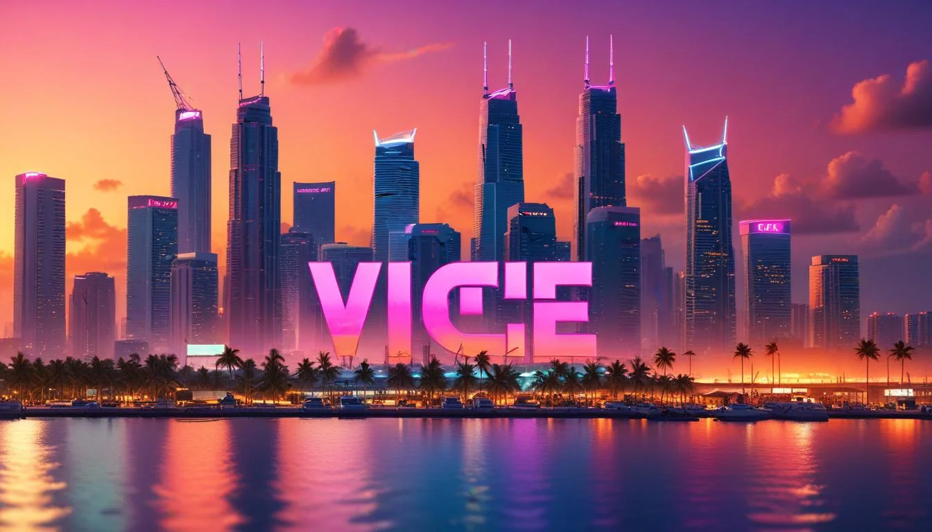 A digital rendering of the Vice City skyline at sunset, with a prominent 'VI' logo in the foreground.