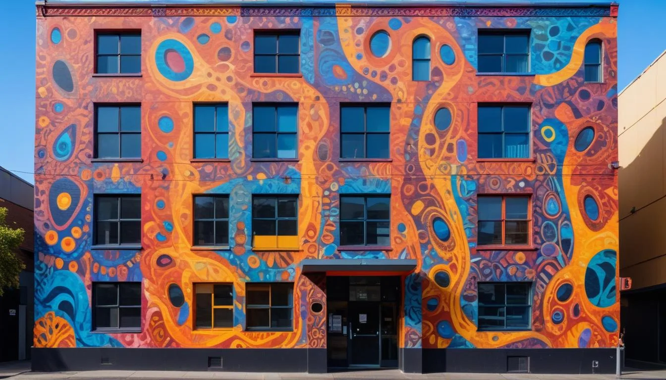 A large, colorful mural on a building in Melbourne, depicting abstract shapes mixed with indigenous Australian art motifs.