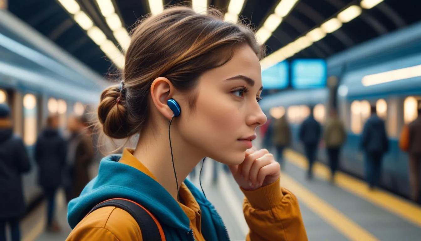 A person on a busy train platform wearing compact earbuds, demonstrating effective noise cancellation.
